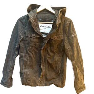 Abercrombie‎ Kids Redfield Jacket Coat Brown Cotton Button-Up Hooded Kids Large